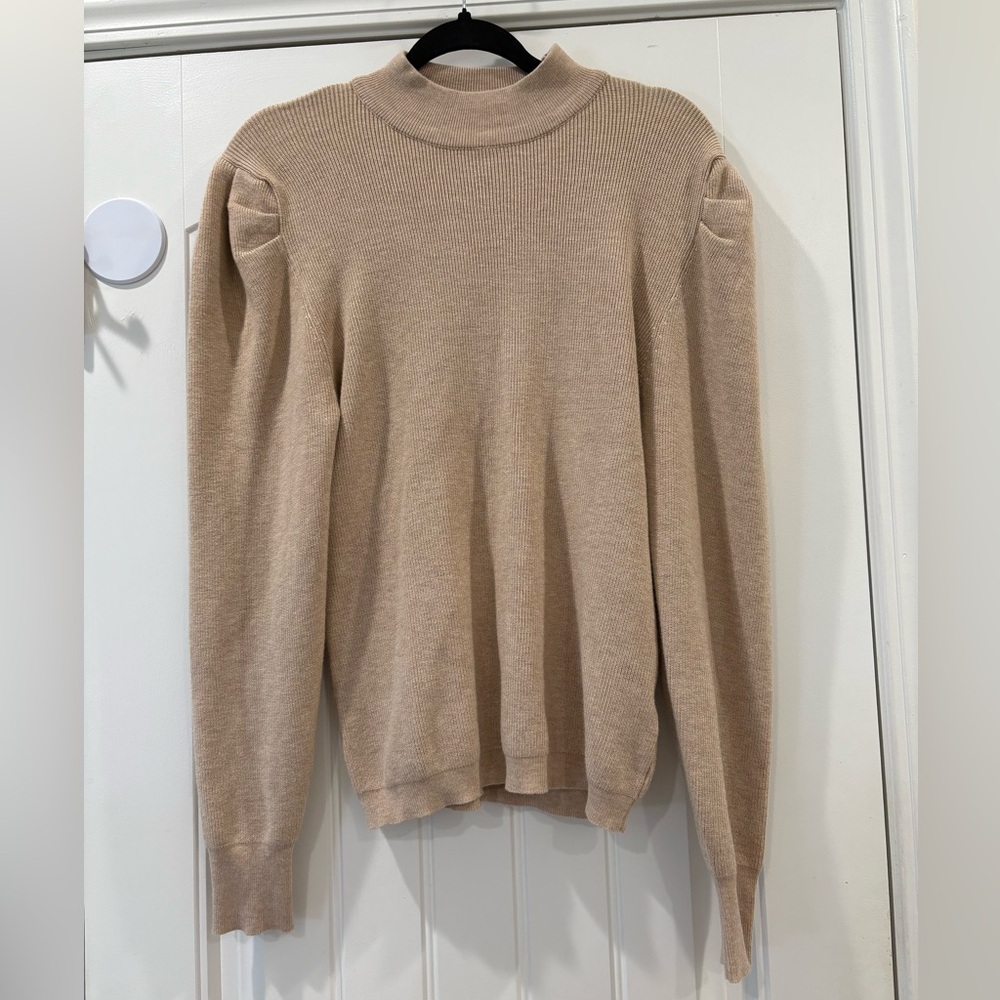 Cielo Puff Sleeve Mock Turtleneck Tan Ribbed Sweater